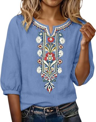 Generic Elegant Tops for Women UK Boho Tops for Women UK Cotton Linen Half Sleeve Embroidery Blouse Elegant Casual Summer Breathable T Shirts Lightweight Fash
