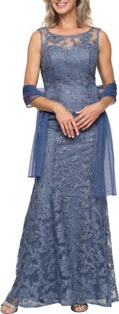 Alex Evenings Sequin Sleeveless Gown with Shawl in Vintage Blue at Nordstrom, Size 10P