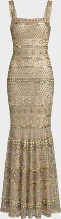 Mac Duggal Geometric Beaded Mesh Trumpet Gown