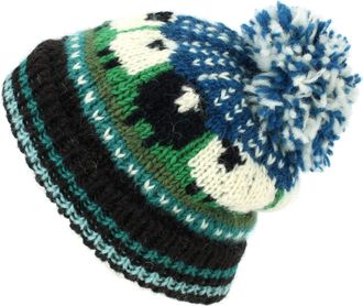 Loud Elephant Chunky Wool Knit Beanie Bobble Hat with Sheep Design - Teal