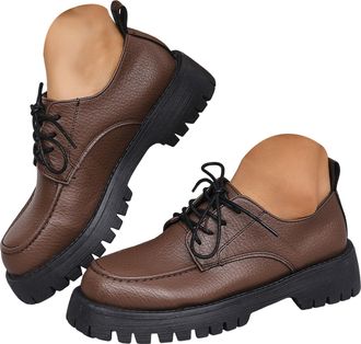 Generic Women Lace-up Platform Chunky Loafers Classic Lug Sole Oxford Shoes Business Work Loafers Womens British Leather Round Toe Comfortable Casual Slip On 