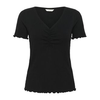 Cream V-hals T-shirt met gekrulde randen - Dames - Tops - Zwart - Maat: S