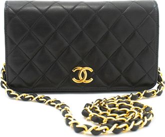 Chanel Vintage Full Flap Quilted Lambskin Black Leather Handbag (Pre-Owned)
