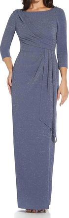 Adrianna Papell Metallic Knit Covered Gown In Steel Blue