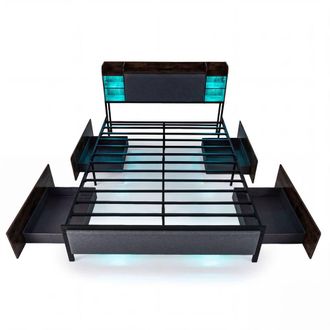 Costway Costway King Size Bed Frame w/ LED Lights & Charging Station Platform Bed in Brown