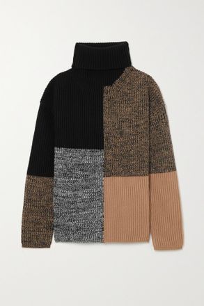 Joseph Oversized Color-block Wool Turtleneck Sweater - Brown
