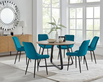Furniturebox Santorini Brown Round Dining Table & 6 Pesaro Black Leg Chairs in Blue