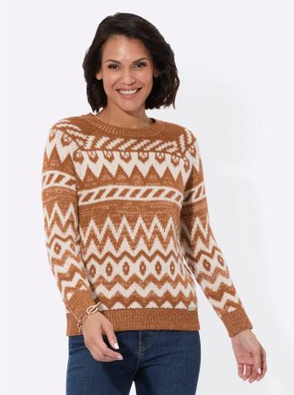Casual Looks Strickpullover CASUAL LOOKS Pullover, Damen, Gr. 38, braun (elfenbein, cognac, gemustert), 75% Polyacryl, 25% Baumwolle, gemustert, mehrfarbig, Pullov