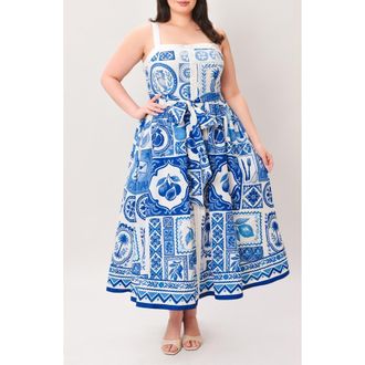 Flying Tomato Printed Fit & Flare Midi Dress in Ivory Blue at Nordstrom Rack, Size 3 X