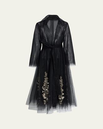 Oscar De La Renta Foxglove Embellished Tulle Belted Flare Coat