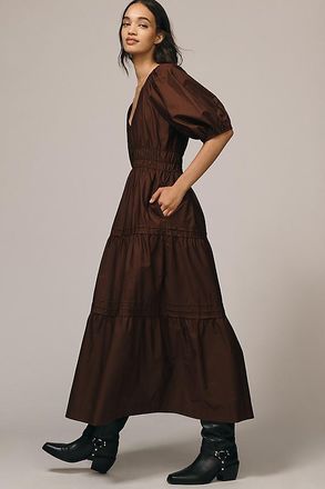 Maeve Smocked V-Neck Half-Sleeve Tiered Midi Dress