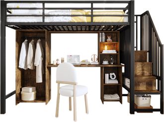 STILVORA Cama Alta 90 X 200 Cm Con Armario, Escritorio Y Escalera De Almacenamiento, Sin Colch&oacute;n, De Metal, Negro