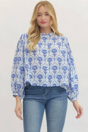 Entro Rhea Puff Sleeve Top In White/blue