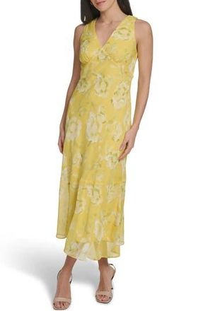 Calvin Klein Floral Sleeveless Chiffon Maxi Dress in Quince Multi at Nordstrom Rack, Size 16