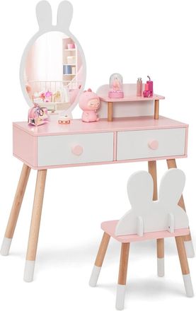 Costway Costway Tocador De Mauillaje 2 En 1 Para Ni&ntilde;a, Juego De Mesa Y Silla, Escritorio Espejo Para Maquillaje, Juego De Tocador Con Patas De Madera (blanco)