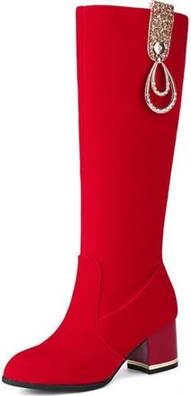 Generic Womens Faux Suede Knee High Riding Boots Comfort Round Toe Block Heel Side Zipper Casual Wedding Warm Winter Shoes (7.5,Red)
