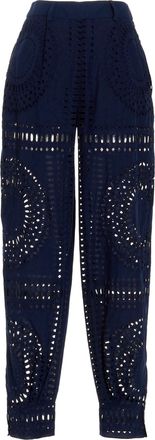 Alberta Ferretti Eyelet-Embroidered Cotton Trousers - Navy