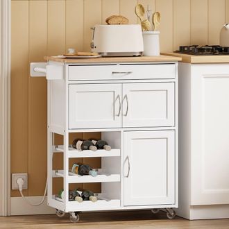 SoBuy Kitchen Trolley - Wood-Top & USB Power Farmhouse in White