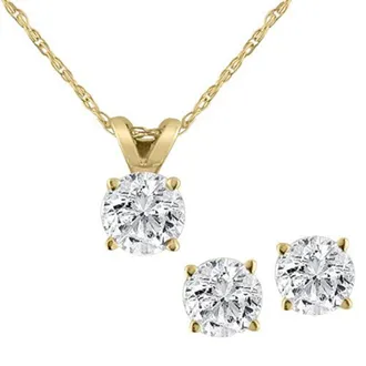 Pompeii3 3/4CT T. W. Diamond Studs & Solitaire Necklace Set in 14k White or Yellow Gold