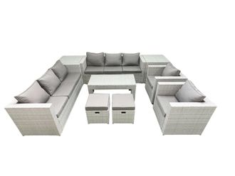 Fimous Outdoor Garden Furniture Rattan Sofa Set with 2 Armchairs Oblong Coffee Table 2 Small Footstools 2 Side Tables Light Grey Mixed