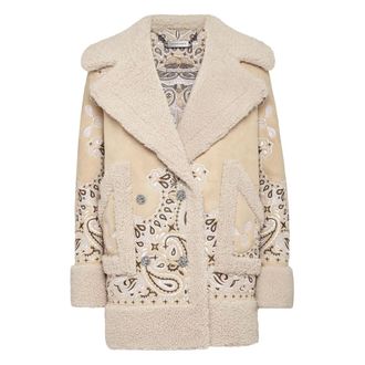 Philipp Plein Jassen, Dames, Beige, S, Polyester, Shearling Oversize Lange Jas Paisley Bandana