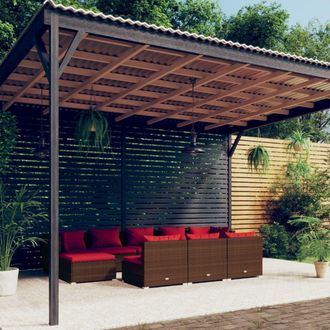 vidaXL Set Muebles De Jard&iacute;n 10 Pzas Y Cojines Rat&aacute;n Sint&eacute;tico Marr&oacute;n Vidaxl