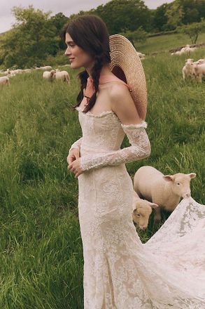 Daughters of Simone Sequoia Lace Off-The-Shoulder Long-Sleeve Mermaid Wedding Gown