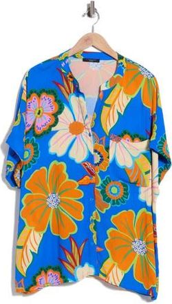 T Tahari Elbow Sleeve Button-Up Shirt in Blue Rose Floral Print at Nordstrom Rack, Size 3X