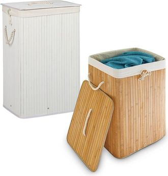 Relaxdays Set De 2 Cestos De Bamb&uacute; Con Sistema De Separaci&oacute;n Y Bolsa Extra&iacute;ble, 83 L Cada Uno, Natural/blanco