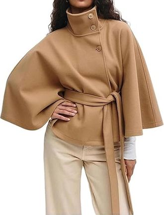 Generic Fall Trendy Stand Collar Belted Cloak Cape Wool Coats, Womens Elegant Belted Cape Jacket, Winter Cropped Overcoat (Khaki,XXL)