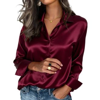 Generic Womens Satin Shirts Silk Solid Long Sleeve Button Down Lightweight Tops Casual Fashion Loose Fit Party Business Office Work Blouse Silk Blouses for Wo