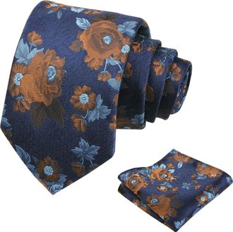 Alizeal Mens Floral Tie and Pocket Square Wedding Groomsmen Party Retro Flower Patterned Necktie Set, Navy+Brown