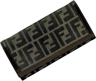 Fendi Brown Green Khaki Canvas Leather Long Wallet (Bi-Fold) (Pre-Owned)