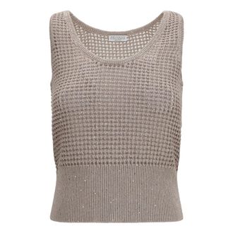 Brunello Cucinelli Perforated Sequin Tank Top - Dames - Tops - Beige - Maat: M Katoen