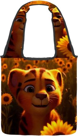 Generic Sunflower Baby Tiger Reversible Canvas Shoulder Tote - Double-Sided Print, 12oz Cotton, 27cm Drop, Fold-Flat Bag for Travel, Shopping, Street Outings