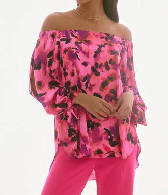 Joseph Ribkoff Senna Satin Floral Print Off Shoulder Top In Pink, Purple, Black