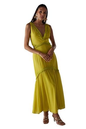 Warehouse Chiffon Fringe Trim Cut Out Maxi Dress in Chartreuse at Nordstrom, Size 12