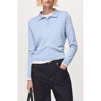 Mango Wool & Cotton Polo Sweater in Sky Blue at Nordstrom, Size Medium