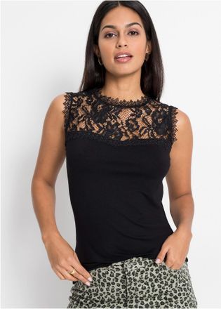 Bonprix Shirttop BONPRIX, Damen, Gr. 52/54 (XXL), schwarz, Jersey, Obermaterial: 95% Viskose, 5% Elasthan. Spitze: 100% Polyester, schmal, Tops Shirttop, k&ouml;rp