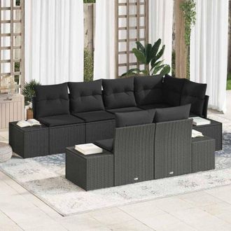vidaXL Vidaxl - Conjunto De Sof&aacute; De Jard&iacute;n Con Coj&iacute;n 7 Pcs Negro Polirat&aacute;n