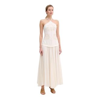 Twinset Geborduurd Halterjurk - Dames - Maxi kleedjes - Beige - M - Katoen - Kleedjes