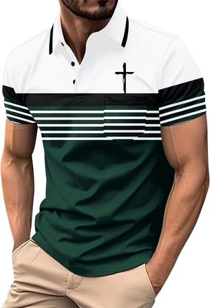 Generic Christian Polo Shirts for Men Smart Casual Cross Print Golf Polos Comfort Breathable Stripe Workout Gym Fitness Work T-Shirt (Green,XL)