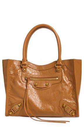 Balenciaga Mini Le City Crinkle Leather Top Handle Bag in 2630 Camel at Nordstrom
