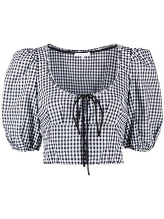 Patrizia Pepe balloon-sleeve gingham-print crop top - women - Cotton - 38 - Black