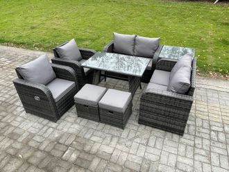 Fimous Wicker PE Rattan Garden Dining Set Outdoor Furniture Sofa with Rectangular Dining Table Side Table 2 Small Footstools in Dark Grey