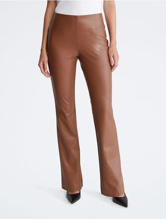 Calvin Klein Womens Faux Leather Flared Pants - Brown - XS
