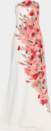 Badgley Mischka Strapless Floral-Print Crepe Gown