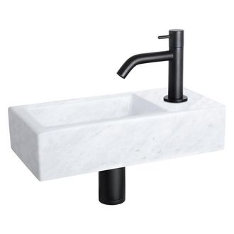 Differnz Helios fonteinset - 37.5x18.5x9.5cm - Rechthoek - 1 kraangat - Gebogen matte zwarte kraan - Mineraalsteen Marmer