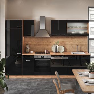 Vicco Mueble De Cocina R-line, Roble Negro/dorado De Alto Brillo, 300 Cm Sin Encimera