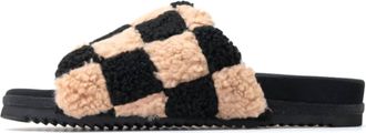 Roam Womens Fuzzy Check Slides In Beige & Black Faux Shearling